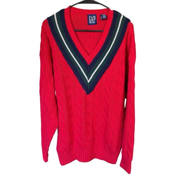 Vtg 90s Gap Vneck Cableknit Red Sweater Preppy Prep Academia L Criquet Old Money - Picture 1 of 6